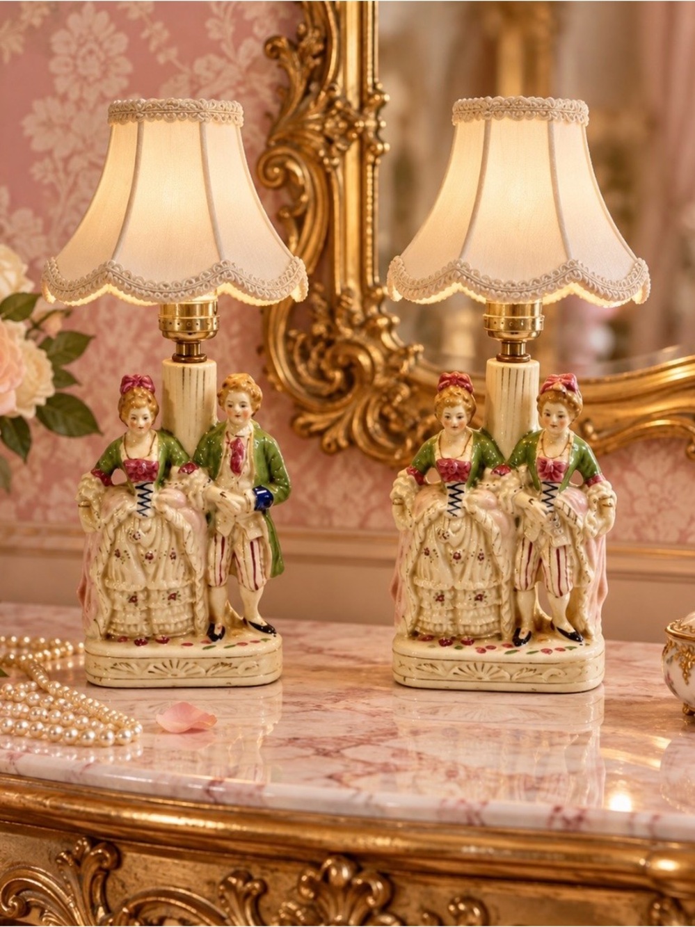 Vintage Rococo Courting Couple Ceramic Figural Table Lamps Pair
